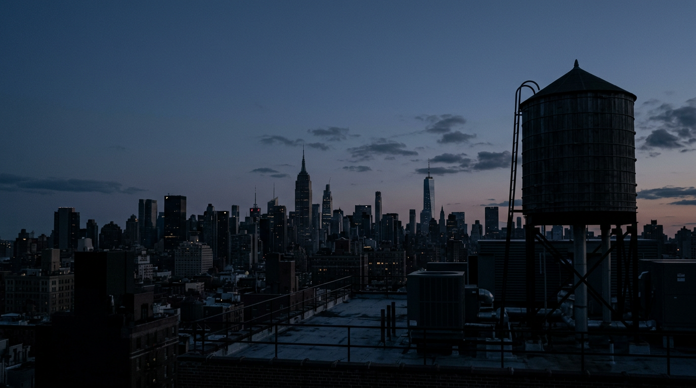 Manhattan skyline at dusk from a rooftop, with a water tower and cooling units in the foreground
