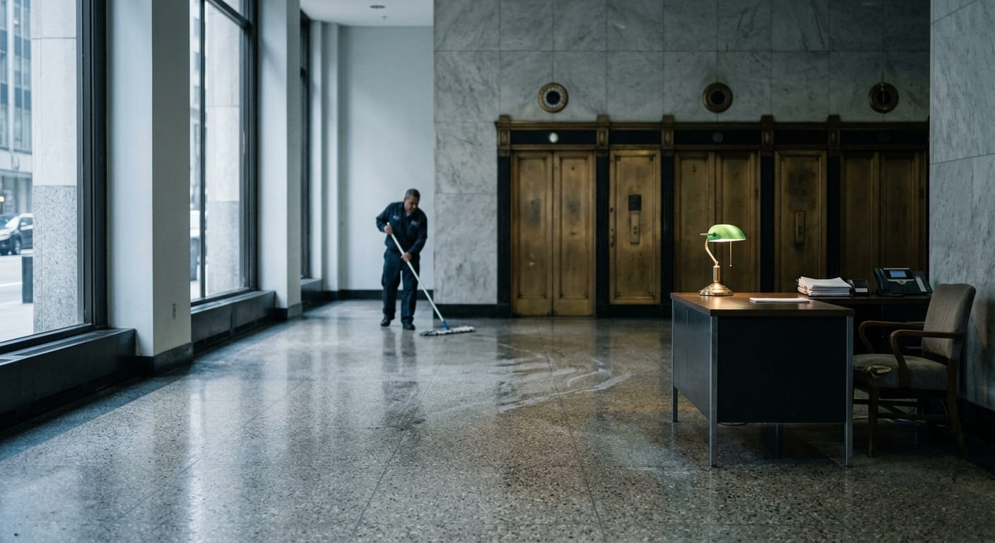 A porter mopping a marble office lobby in early morning light