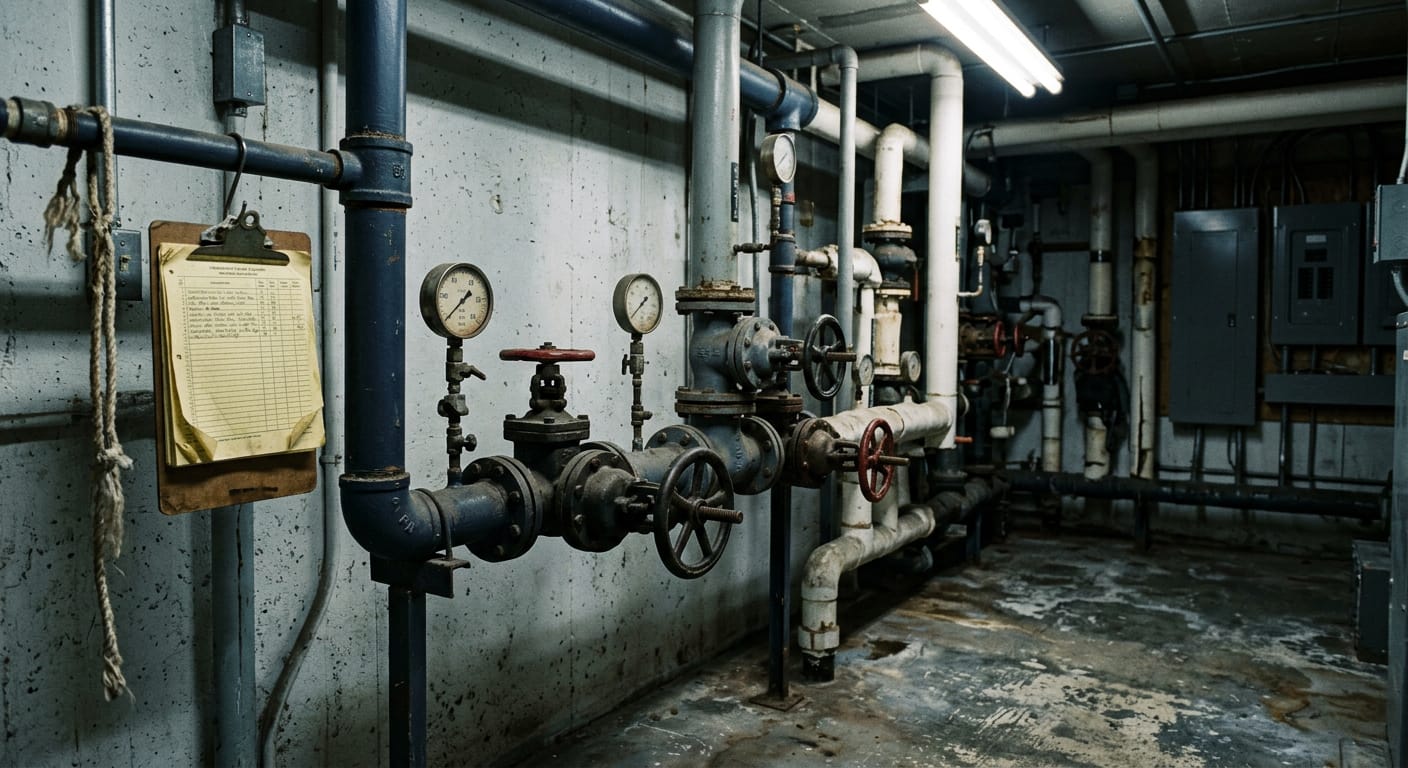 Valves, gauges and pipework in a building mechanical room