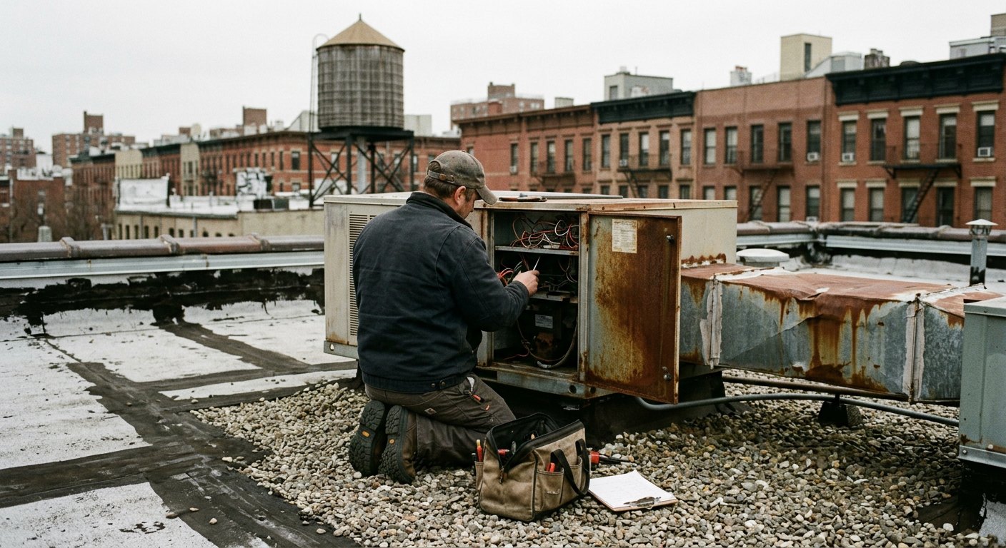 A technician servicing rooftop equipment